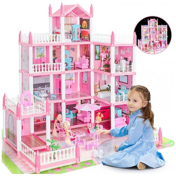 Casa de Bonecas com 4 Andares e Cômodos Customizáveis para Crianças de 3 Anos ou Mais, GirlDiary, Rosa
