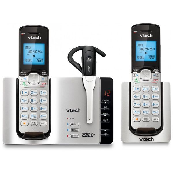 Telefone sem fio expansível VTech DS6671 3 DECT 6.0 com sistema de atendimento por Bluetooth Connect, prata , preto com 2 aparelhos e 1 fone de