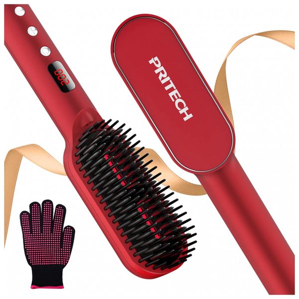 Escova Alisadora Elétrica com 6 Configurações de Temperatura e Visor LED, Bivolt, PRITECH TA 2353, Vermelho