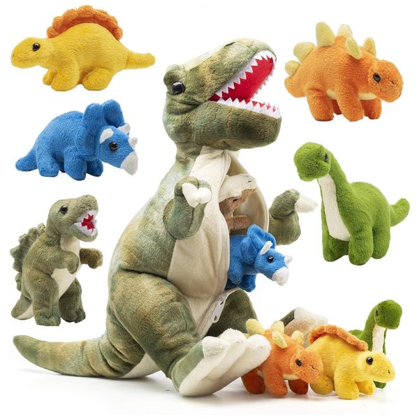 Kit 4 Dinossauros de Pelúcia T Rex com Bolsa Temática de Armazenamento para Crianças Acima de 3 Anos, Prextex