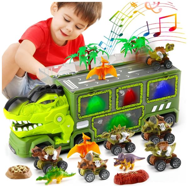 Caminhão Transportador de Dinossauros 15 Peças com Luz e Som para Crianças Acima de 3 Anos, Peacurh