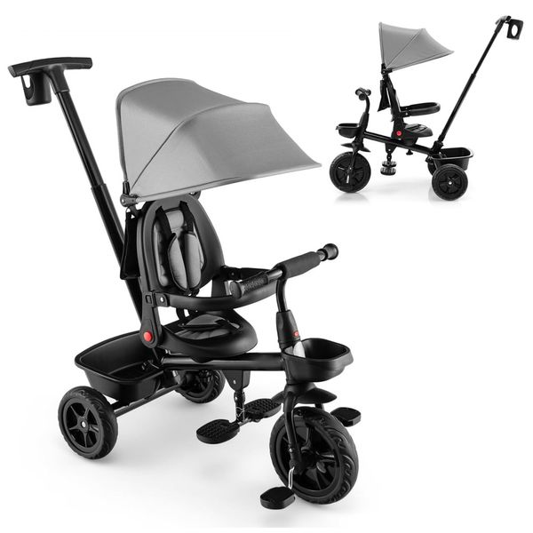 Triciclo Infantil com Alça e Capota Ajustáveis, Assento Reversível, Cinto de Segurança, Pedal Dobrável, Porta-Copos e Armazenamento, HONEY JOY, Cinza