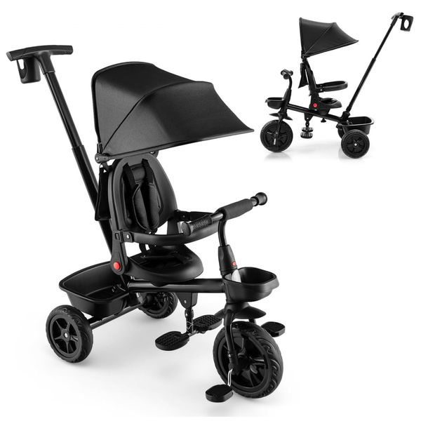 Triciclo Infantil com Alça e Capota Ajustáveis, Assento Reversível, Cinto de Segurança, Pedal Dobrável, Porta-Copos e Armazenamento, HONEY JOY, Preto