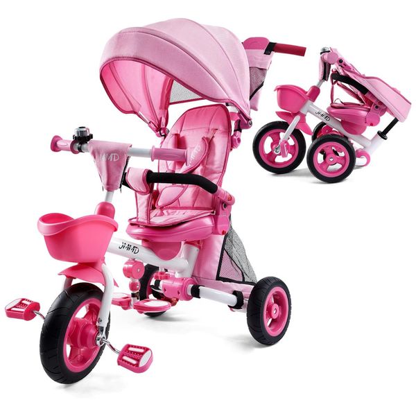Triciclo Infantil Dobrável 7 em 1 com Alça Ajustável, Arnês de Segurança, Freios de Roda, Capota Removível e Armazenamento, JMMD, Rosa