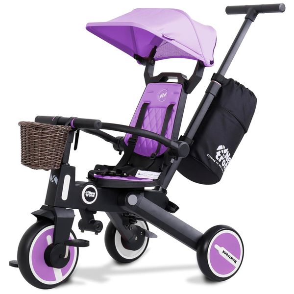 Triciclo Infantil 7 em 1 com Alça Removível, Assento Giratório, Capota Ajustável, Arnês de Segurança, Bolsa de Armazenamento e Cesta, NEWTRONX, Roxo