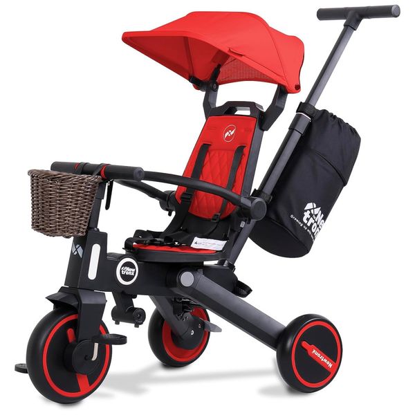 Triciclo Infantil 7 em 1 com Alça Removível, Assento Giratório, Capota Ajustável, Arnês de Segurança, Bolsa de Armazenamento e Cesta, NEWTRONX,