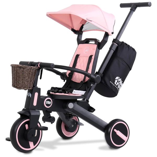 Triciclo Infantil 7 em 1 com Alça Removível, Assento Giratório, Capota Ajustável, Arnês de Segurança, Bolsa de Armazenamento e Cesta, NEWTRONX, Rosa