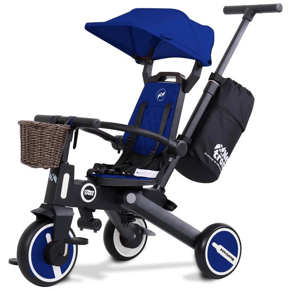 Triciclo Infantil 7 em 1 com Alça Removível, Assento Giratório, Capota Ajustável, Arnês de Segurança, Bolsa de Armazenamento e Cesta, NEWTRONX, Azul