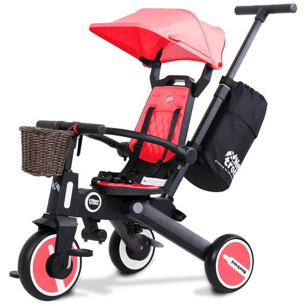 Triciclo Infantil 7 em 1 com Alça Removível, Assento Giratório, Capota Ajustável, Arnês de Segurança, Bolsa de Armazenamento e Cesta, NEWTRONX,