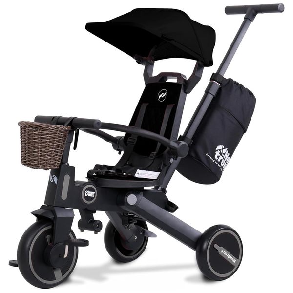 Triciclo Infantil 7 em 1 com Alça Removível, Assento Giratório, Capota Ajustável, Arnês de Segurança, Bolsa de Armazenamento e Cesta, NEWTRONX, Preto