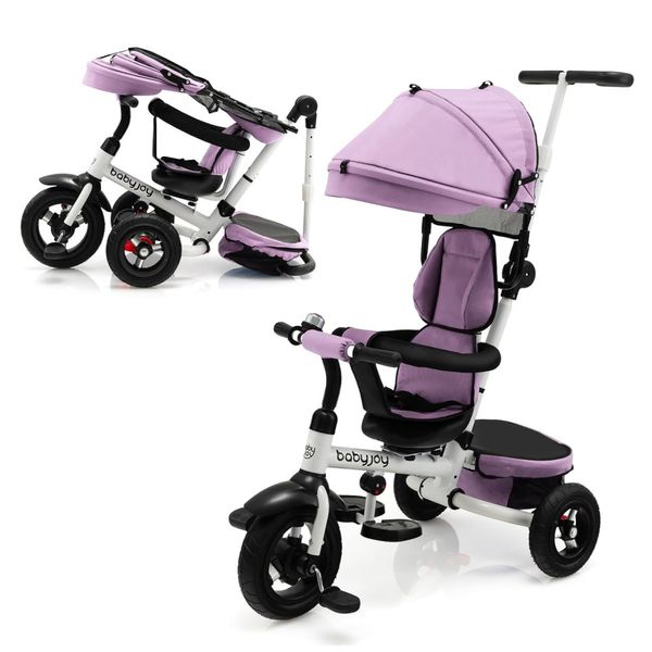 Triciclo Infantil Dobrável 7 em 1 com Alça e Capota Ajustáveis, Assento Reversível, Cinto de Segurança, Pedal Dobrável, Campainha e Armazenamento,