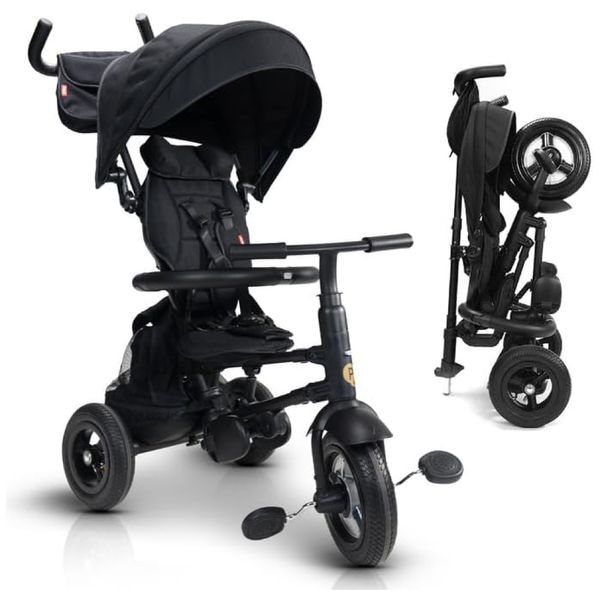 Triciclo infantil com 3 Estágios, Arnês de Segurança, Capota Ajustável e Alça de Empurrar para Crianças Acima de 1 a 5 Anos, POSH BABY & KIDS, Preto