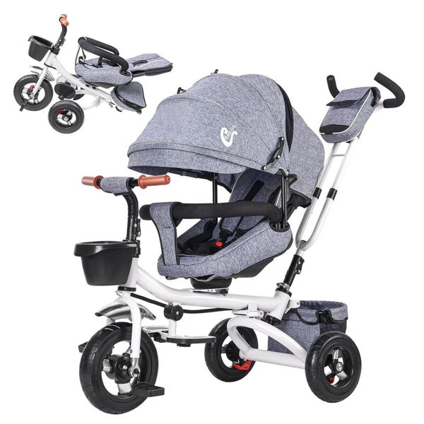 Triciclo Infantil Dobrável 4 em 1 com Modo Bicicleta, Alça e Assento Giratório 360º para Crianças Acima de 1 a 6 Anos, Godmy, Cinza