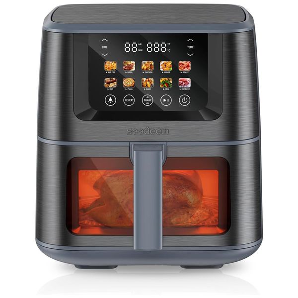 Fritadeira Elétrica Air Fryer 10 em 1, 7,4L com Tela LCD Digital, 10 Funções Predefinidas e Janela de Visualização, 110V 1800W, SEEDEEM, Cinza