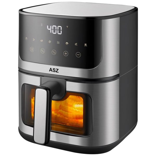 Fritadeira Elétrica Air Fryer 4,6L com Cesta Antiaderente, Temporizador, Controle de Temperatura e 8 Predefinições, 110V 1400W, ASZ, Prata e Preta