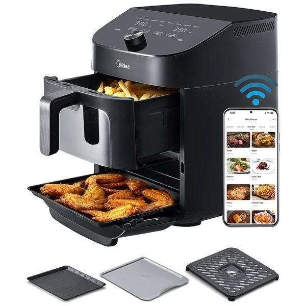 Fritadeira Elétrica Air Fryer 8 em 1 10,2L com Cestos Duplos, Janela de Visualização, Conectividade Wi-Fi e Mais de 50 Receitas, 110V 1700W, Midea,
