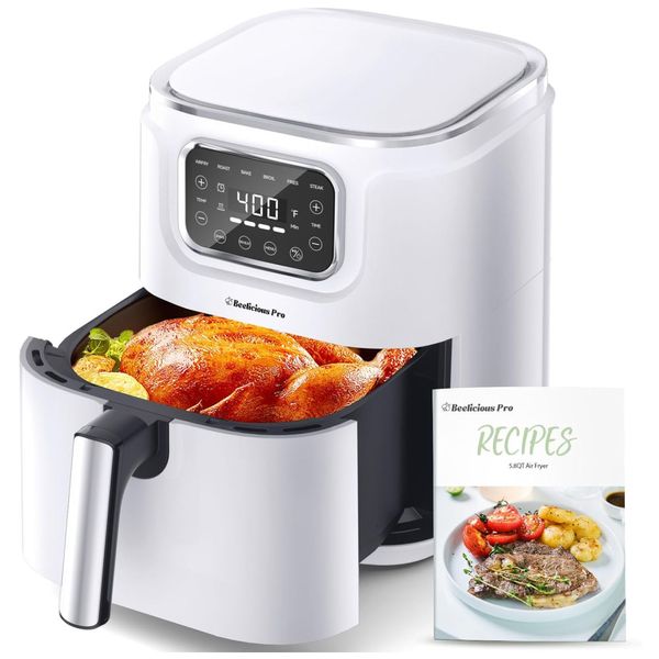 Fritadeira Elétrica Air Fryer 8 em 1, 5,4L com Tecnologia Flavor-Lock, Display LED e Antiaderente, 1450W, Beelicious Pro, Branca