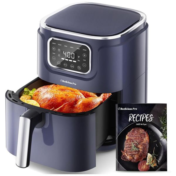 Fritadeira Elétrica Air Fryer 8 em 1, 5,4L com Tecnologia Flavor-Lock, Display LED e Antiaderente, 1450W, Beelicious Pro, Azul Escuro