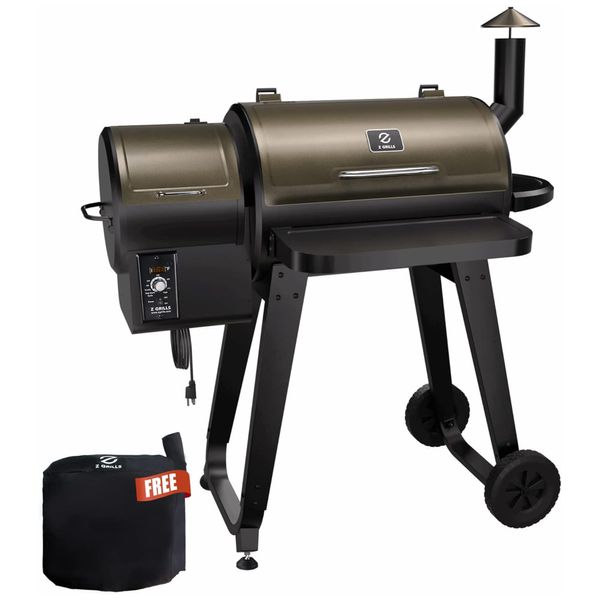 Churrasqueira á Pellet de Madeira com Prateleira Frontal Dobrável e Capa de Chuva e Superfície de Cozimento Total 459 cm2, Z GRILLS Série 450, Bronze