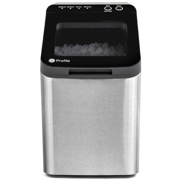 Máquina de gelo 15,4 kg por Dia com Acabamento em Aço Inoxidável, 110V 360W, GE PROFILE, Preta e Prata