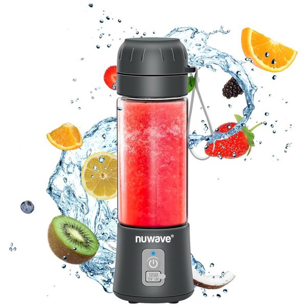Liquidificador Pessoal Portátil 530mL com USB-C Recarregável, Lâmina de 6 Peças para Triturar Gelo e Sem BPA, Nuwave, Cinza