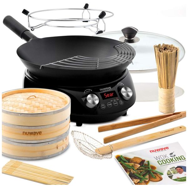Cooktop de Indução Portátil com Controle de Temperatura, Livro de Receitas Wok, Panela de 35vm e 8 Acessórios de Bambu Incluídas, 110V 1500W, Nuwave,