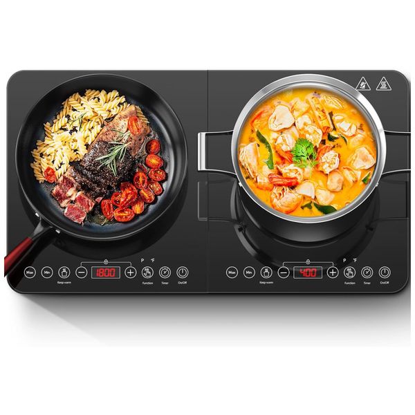 Cooktop de Indução Elétrico com Controle Independente dos 2 Queimadores, Temperatura Ajustável, Temporizador de 4H e Trava de Segurança, 110V, 1800W,