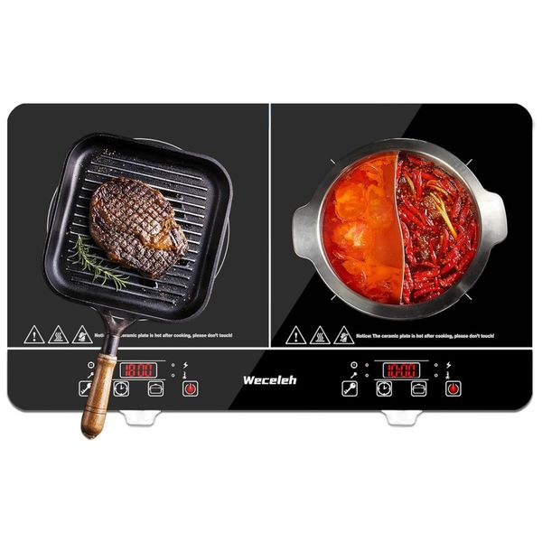 Cooktop de Indução Elétrico com Queimadores Duplos, 9 Níveis de Potência e 10 Níveis de Aquecimento, 110V 1800W, Weceleh, Preto