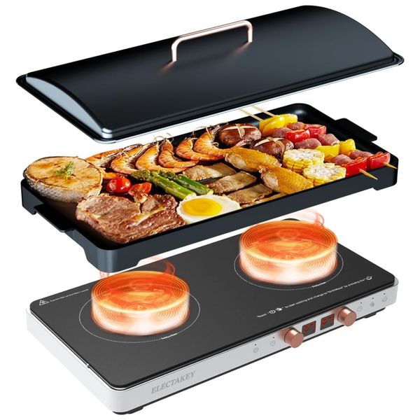 Cooktop de Indução Elétrico com 2 Queimadores, Frigideira Removível Antiaderente e Controle de Temperatura Independente, 110V 1800W,  ELECTAKEY, Prata
