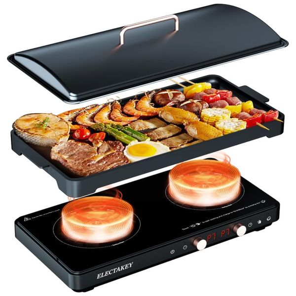 Cooktop de Indução Elétrico com 2 Queimadores, Frigideira Removível Antiaderente e Controle de Temperatura Independente, 110V 1800W,  ELECTAKEY, Preto