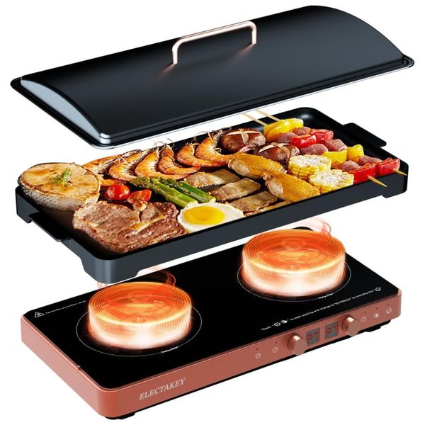 Cooktop de Indução Elétrico com 2 Queimadores, Frigideira Removível Antiaderente e Controle de Temperatura Independente, 110V 1800W,  ELECTAKEY,