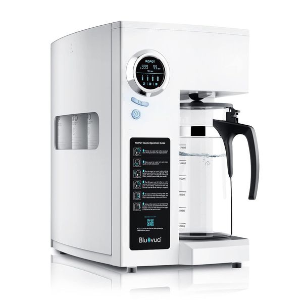 Filtro de Água de Bancada sem Instalação 1,7L com Sistema de Osmose Reversa de 4 Estágios e Filtragem RO, 110V Bluevua RO100ROPOT, Branco