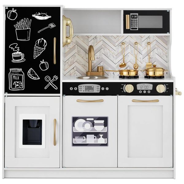Cozinha Infantil com Design Realista, Telefone, Utensílios, Forno, Micro-Ondas e Pia para Crianças Acima de 3 Anos, Best Choice Products, Branco e
