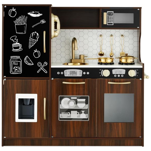 Cozinha Infantil com Design Realista, Telefone, Utensílios, Forno, Micro-Ondas e Pia para Crianças Acima de 3 Anos, Best Choice Products, Marrom e