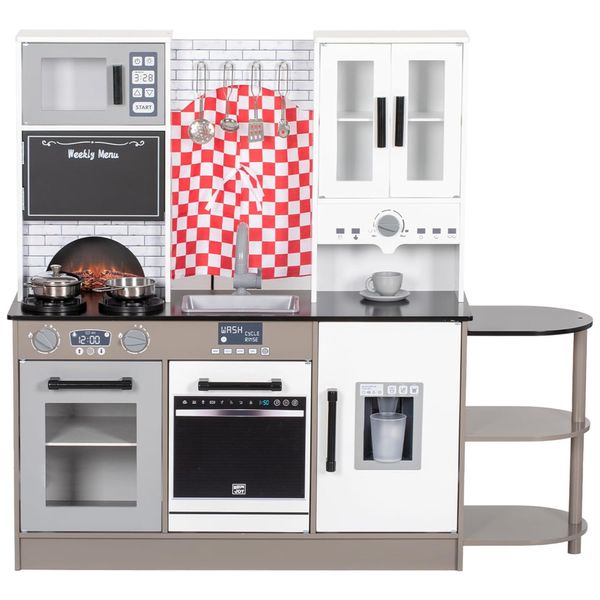 Cozinha Infantil em Madeira com Cortinas, Cafeteira, Prateleira de Armazenamento, Fogão, Pia, Utensílios, Luz e Som, Brinjoy, Cinza, Preto e Branco