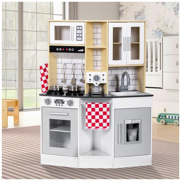 Cozinha Infantil em Madeira com Pia, Torneira, Forno, Micro-ondas e Acessórios para Crianças Acima de 3 Anos, Brinjoy, Branca
