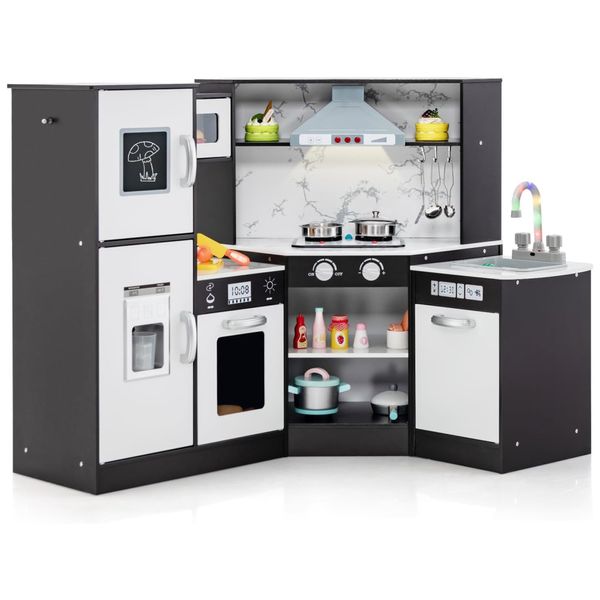 Cozinha Infantil Modular em Madeira com Luzes e Sons Realistas para Crianças Acima de 3 Anos, HONEY JOY, Preta