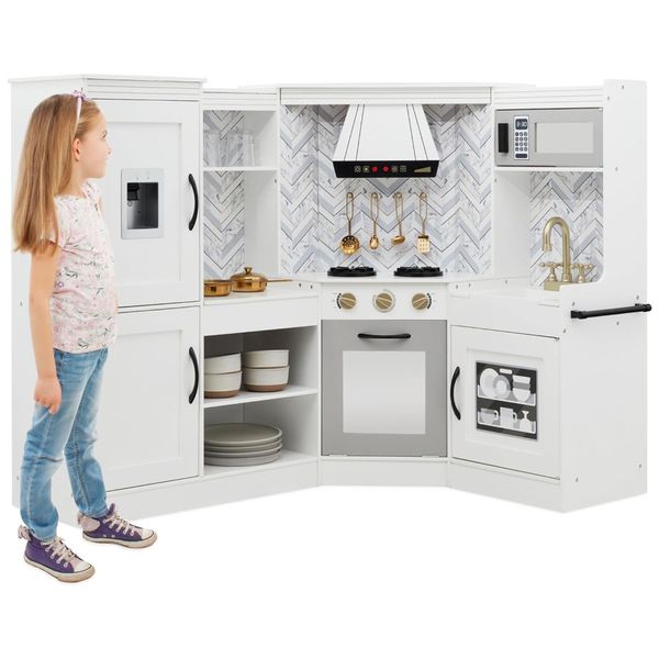 Cozinha Infantil em Madeira interativa com Luzes, Sons, Máquina de Fazer Gelo, Exaustor, Forno e Micro-ondas, Best Choice Products, Branca
