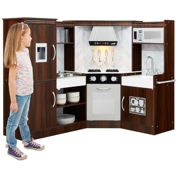 Cozinha Infantil em Madeira interativa com Luzes, Sons, Máquina de Fazer Gelo, Exaustor, Forno e Micro-ondas, Best Choice Products, Marrom