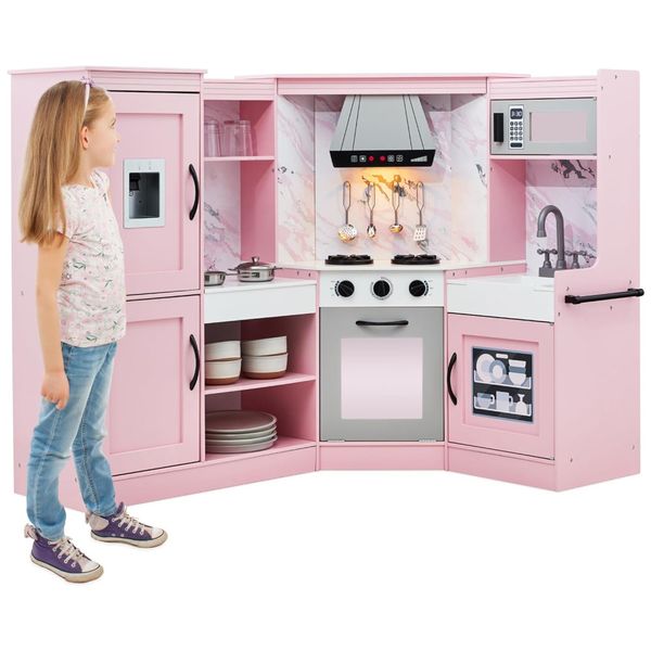 Cozinha Infantil em Madeira interativa com Luzes, Sons, Máquina de Fazer Gelo, Exaustor, Forno e Micro-ondas, Best Choice Products, Rosa
