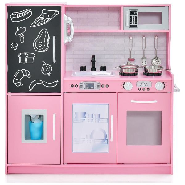 Cozinha Infantil em Madeira com Quadro Negro, Telefone, Micro-ondas, Máquina de Fazer Gelo, Máquina de Lavar Louça e Forno, Costzon, Rosa