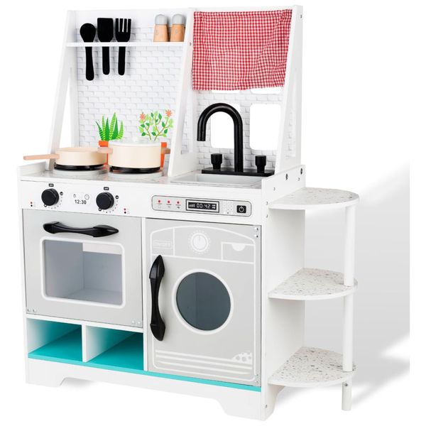 Cozinha Infantil em Madeira com Som Realista e Acessórios para Crianças Acima de 3 Anos, WOODENFUN, Cinza e Branca