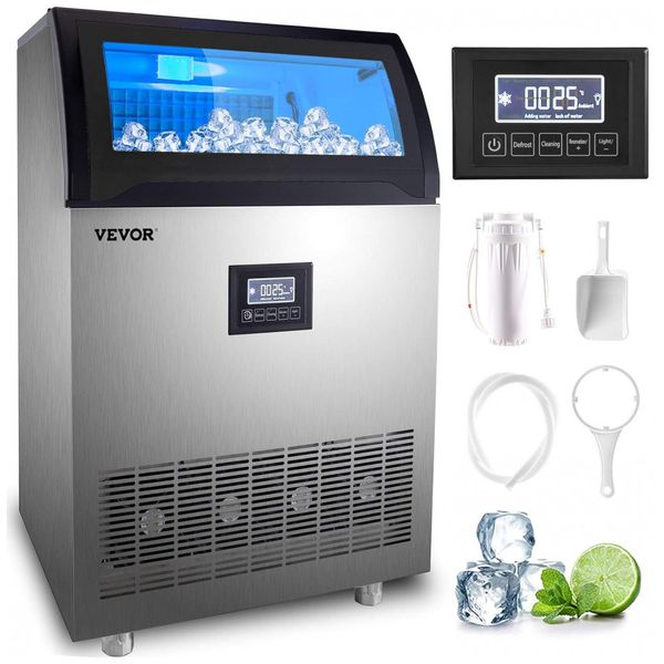 Máquina de Gelo Profissional 120 Kg em 24H Inclui Mangueira de Conexão e Filtro de Água, 110V 750W, Vevor SKF E150, Prata