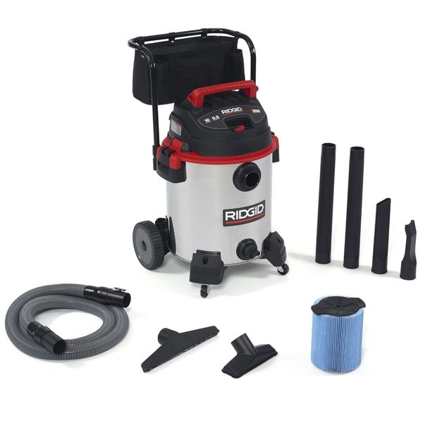 Aspirador de Pó Úmido e Seco em Aço Inoxidável de 60 Litros e Motor de Pico de 6,5CV, 110V 1440W, RIDGID 1610RV, Prata