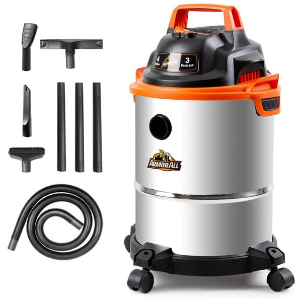 Aspirador de Pó Úmido e Seco com Tanque de Aço de 15,16 litros e Acessórios, 110V 900W, Armor All VO408S, Prata