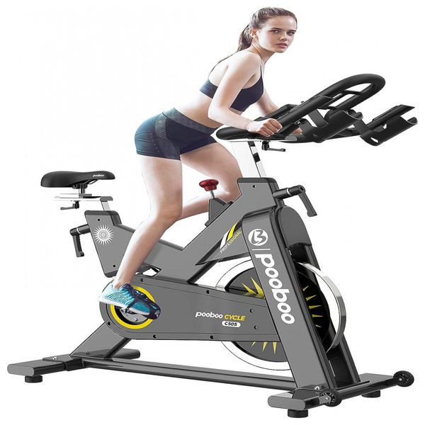 Bicicleta Ergométrica Pooboo com Monitor Digital e Assento Ajustável, Cinza e Amarela