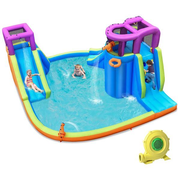Parque Aquático Inflável até 136 kg com 2 Escorregadores, Parede de Escalada e Piscina de Respingos para Crianças e Adultos, BOUNTECH, Azul
