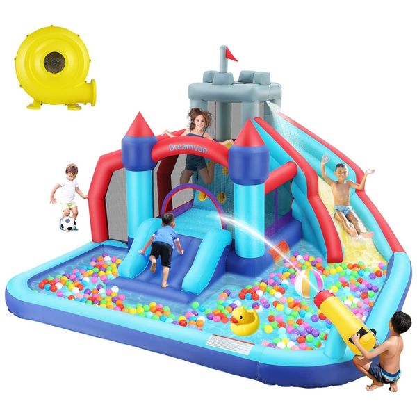 Parque Aquático Inflável 9 em 1, até 150 kg com Toboágua Gigante, Escorregadores, Cesta de Basquete e Parede de Escalada, AKEYDIY, Azul