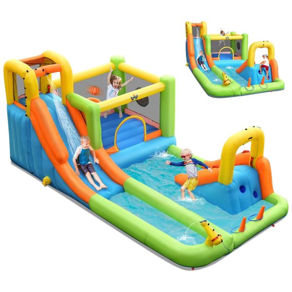 Parque Aquático Inflável 8 em 1, até 136 kg com Escorregador Longo e Piscina Gigante para Crianças Acima de 3 Anos, BOUNTECH, Colorido