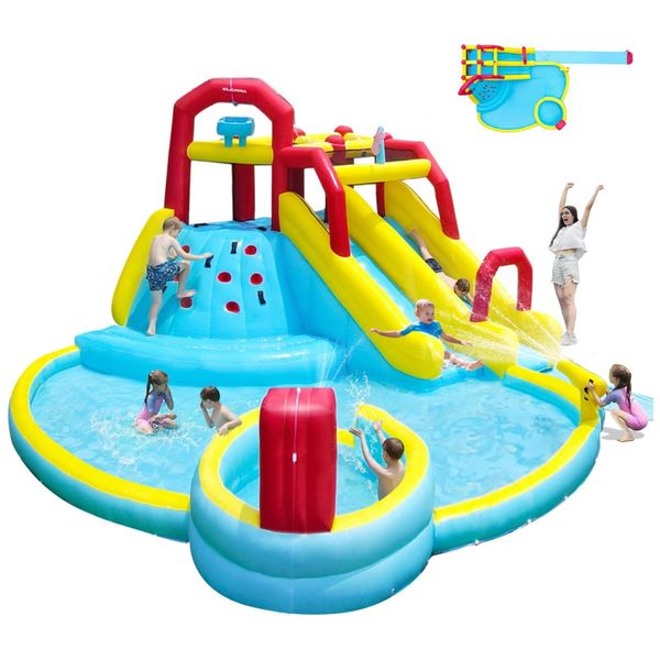 Parque Aquático Inflável 7 em 1 com 2 Piscinas, Parede de Escalada, Spray de Água e Canhão de Água para Crianças e Adultos, ELEMARA, Colorido